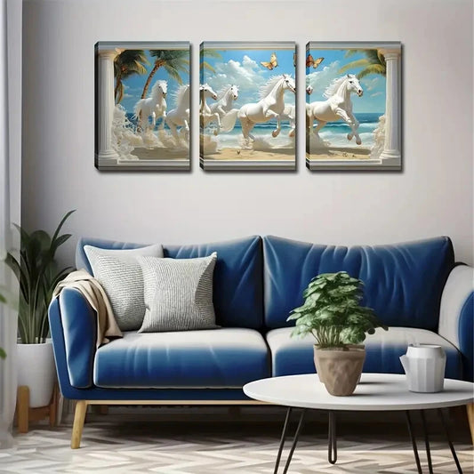 3pcs Six White Horses Beach Scene Perfect Wall Art Set Canvas Framed 40x60cm - High Quality Print 100% Australian Made Wall Canvas Ready to Hang