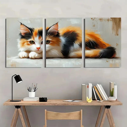 3pcs Calico Kitten Painting Black Orange White Metal Print Ready to Hang Art