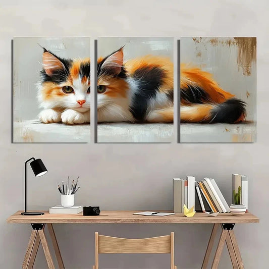 3pcs Calico Kitten Painting Black Orange White Metal Print Ready to Hang Art