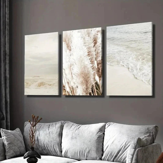3pcs Coastal Reed Botanical Landscape Wall Art Set Canvas Framed 40x60cm - High Quality Print 100% Australian Made Wall Canvas Ready to Hang