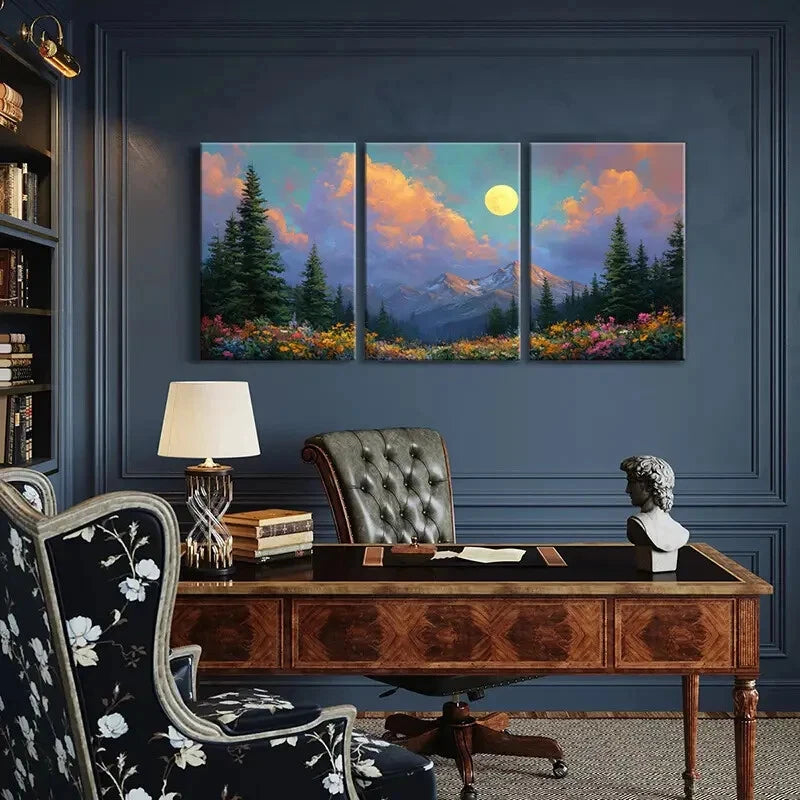 3pcs Moonlit Mountain Landscape Pine Trees Metal Print Ready to Hang Art
