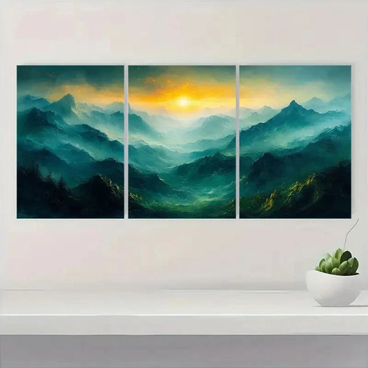 3pcs Abstract Green Mountain Oil Painting Metal Print Ready to Hang Art