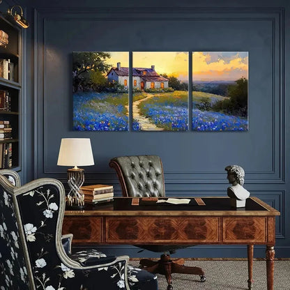 3pcs Sunset Glow Bluebonnet Field Pathway & Trees Metal Print Ready to Hang Art