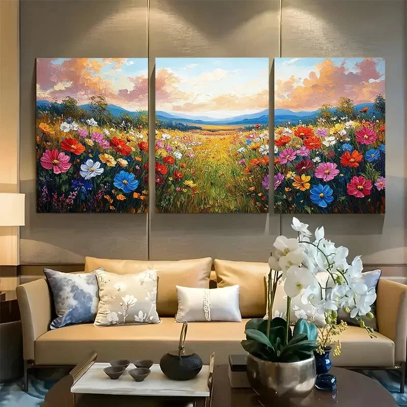 3pcs Vibrant Spring Wildflower Field Landscape Metal Print Ready to Hang Art