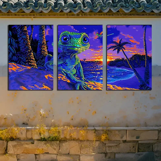3pcs Ocean Sunset Lizard Tropical Beach Scene Metal Print Ready to Hang Art