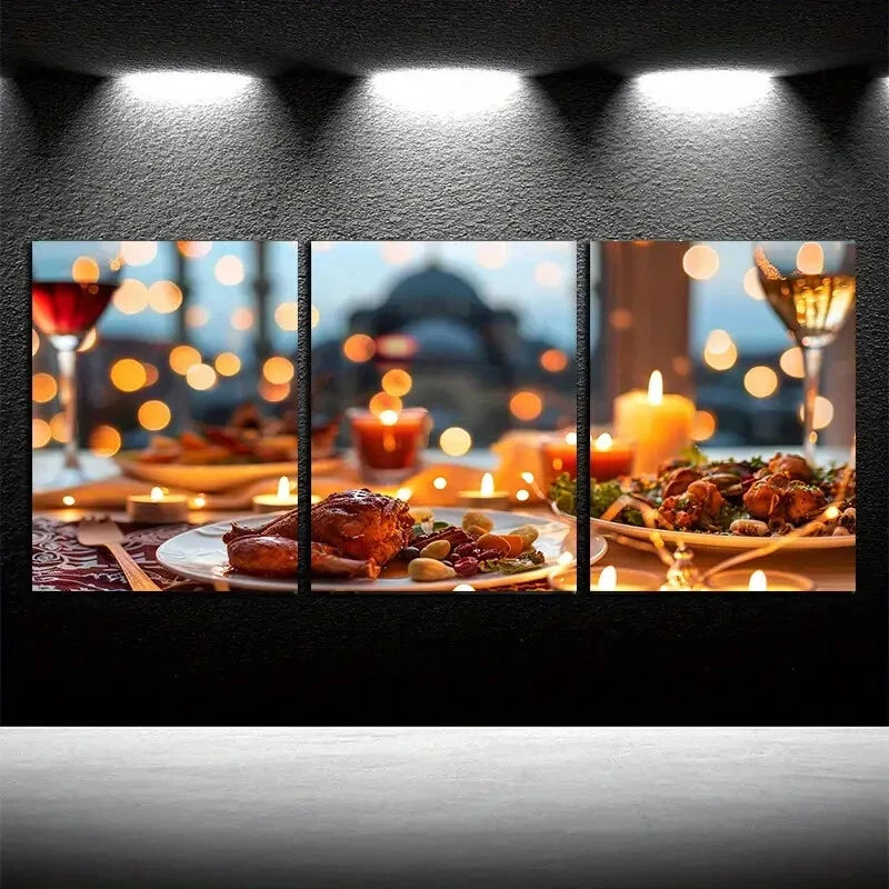 3pcs Food Under Candlelight Illustration Metal Print Ready to Hang Art