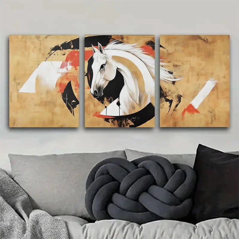 3pcs Abstract Horse Golden Accents and Black Metal Print Ready to Hang Art