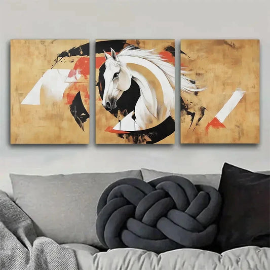 3pcs Abstract Horse Golden Accents and Black Metal Print Ready to Hang Art