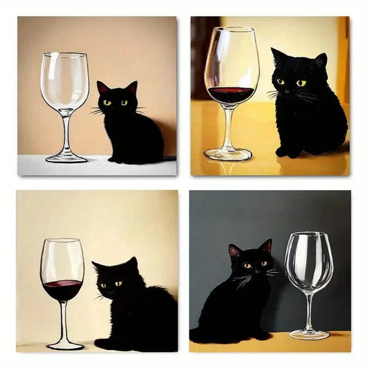 4pcs black cat had a red wine glass Wall Art Canvas Framed