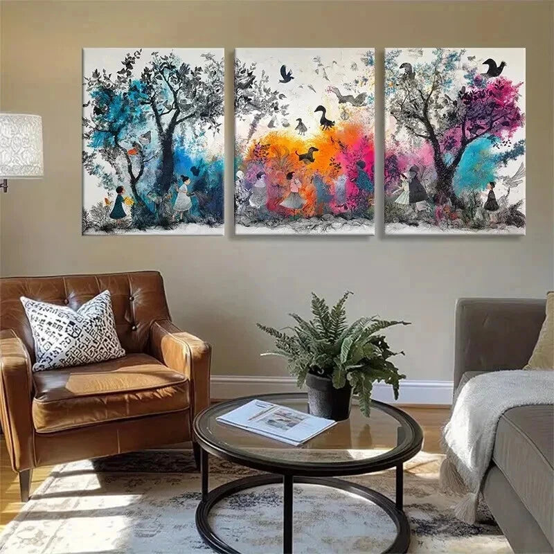 3pcs Whimsical Trees Birds Colorful Nature Wall Art Set Canvas Framed 40x60cm - High Quality Print 100% Australian Made Wall Canvas Ready to Hang