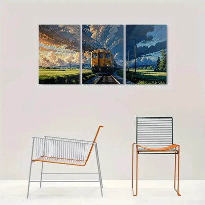 3pcs Train Journey Through Scenic Landscape Metal Print Ready to Hang Art