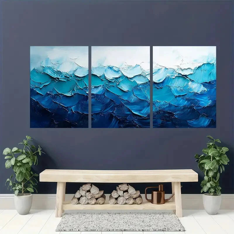 3pcs Textured Abstract Blue & Green Minimalist Metal Print Ready to Hang Art