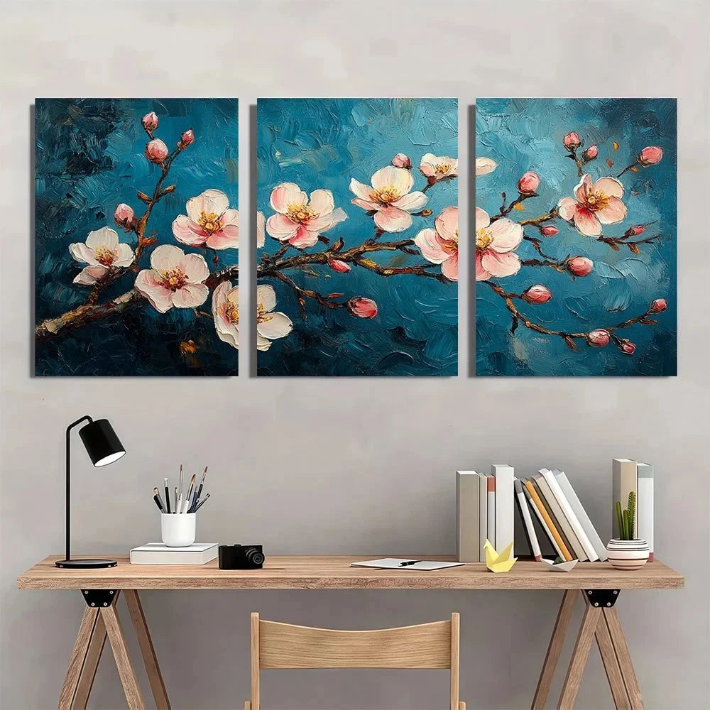 3pcs Gogh Almond Blossom Dark Blue White Flowers Wall Art Set Canvas Framed 60x90cm - High Quality Print 100% Australian Made Wall Canvas Ready to Hang