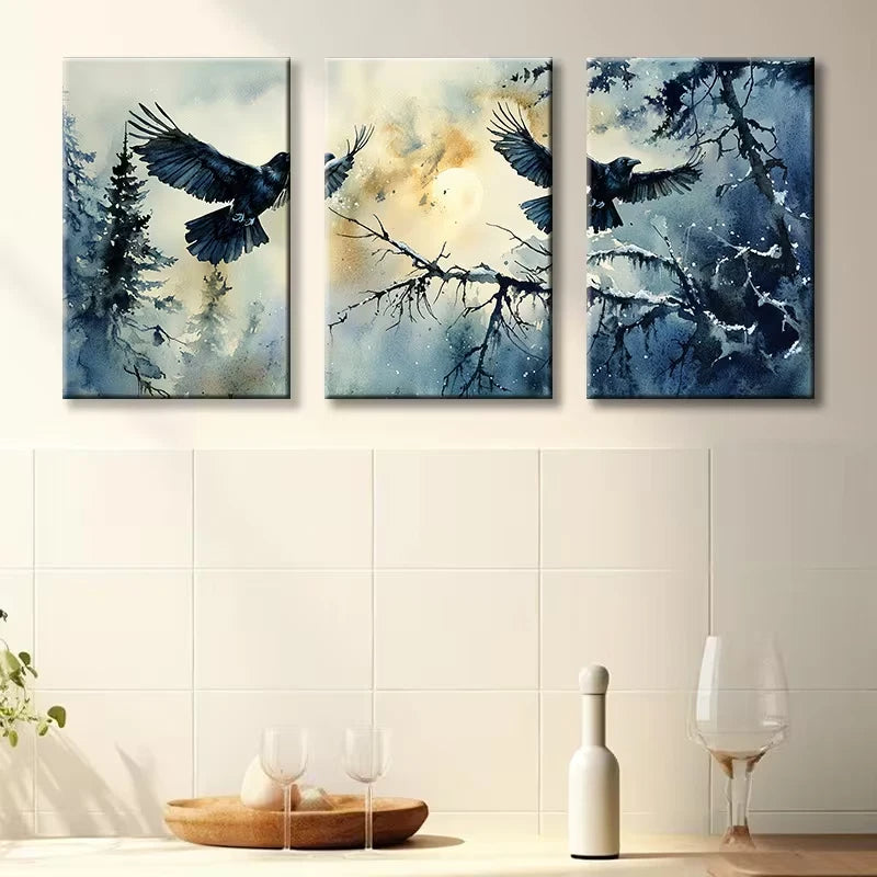 3pcs Crow on Branch Design Wall Art Set Canvas Framed 50x70cm - High Quality Print 100% Australian Made Wall Canvas Ready to Hang