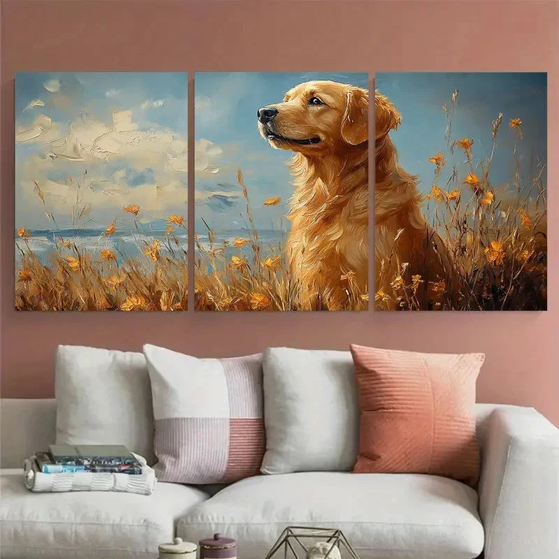 3pcs Golden Retriever in Floral Field with Sea Metal Print Ready to Hang Art