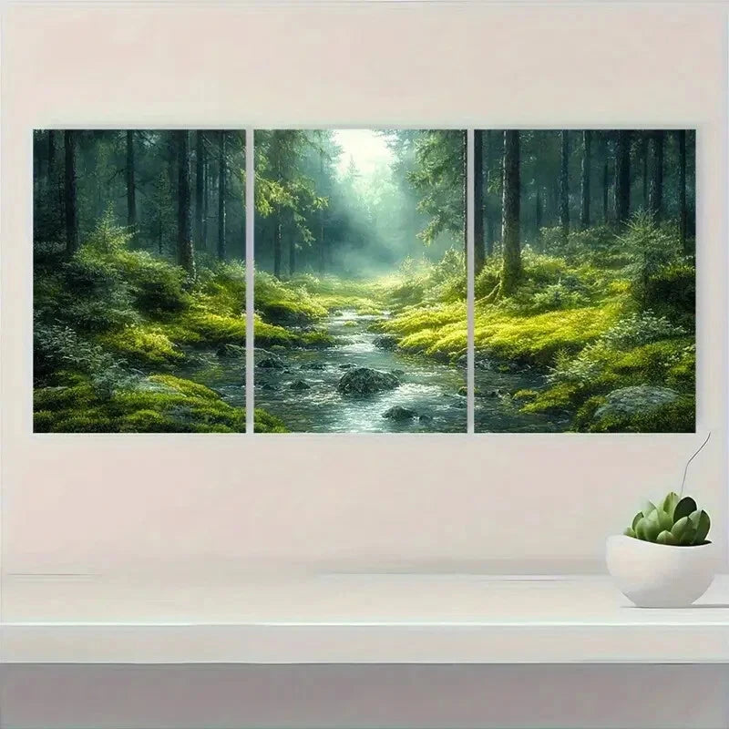 3pcs Dark Misty Woodland Scene with Sunlight Metal Print Ready to Hang Art