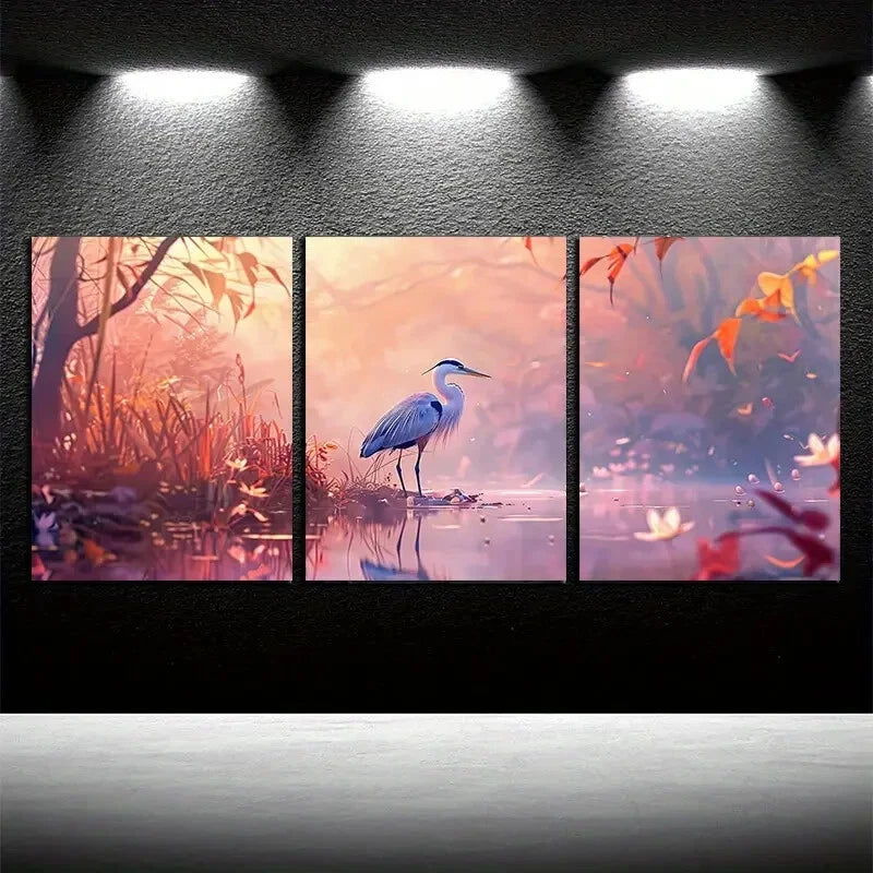 3pcs Vibrant Heron in Serene Pond Scene Metal Print Ready to Hang Art