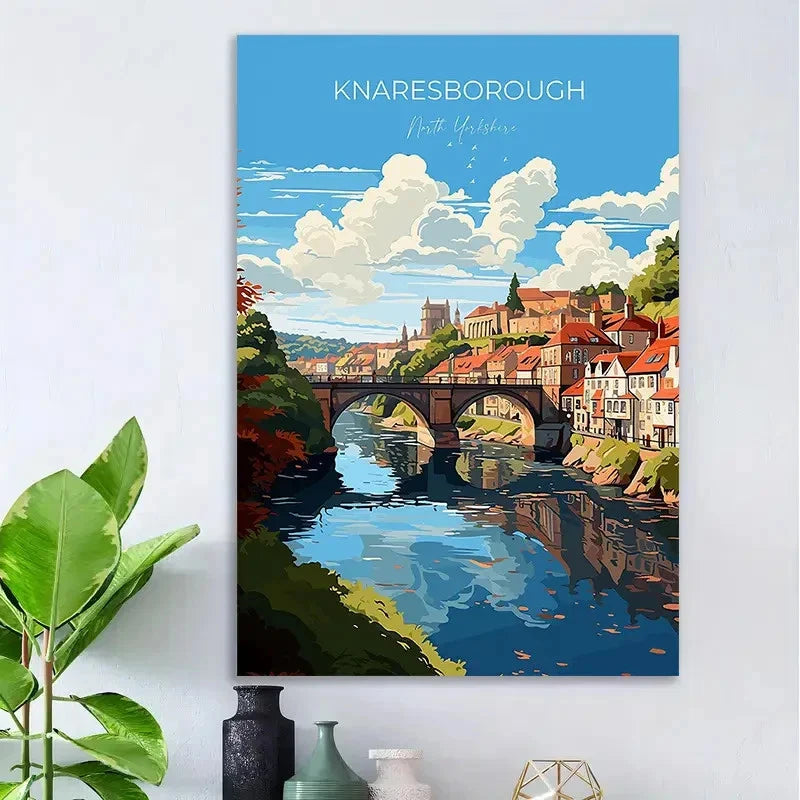 Vintage Knaresborough England River Arched Bridge Travel Poster Print Wall Art