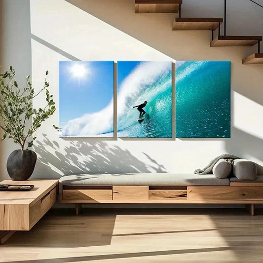 3pcs Man Surfing In the Sea Sport Modern Wall Art Set Canvas Framed 40x60cm - High Quality Print 100% Australian Made Wall Canvas Ready to Hang
