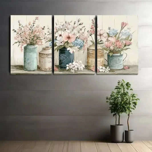 3pcs Watercolor Style Wall Art with Pastel Flowers Metal Print Ready to Hang Art