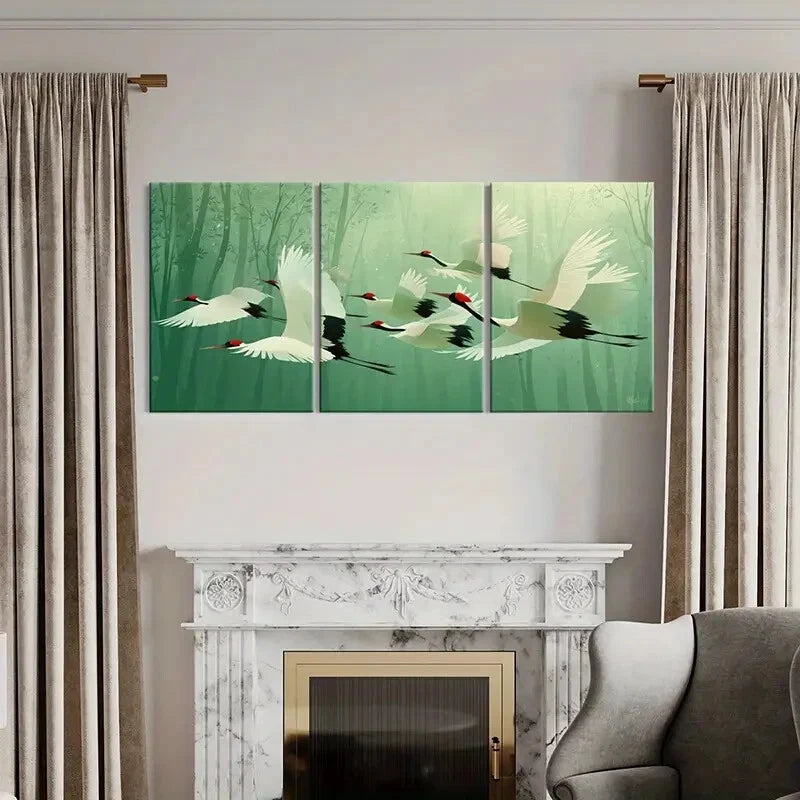 3pcs Elegant White Crane Zen Forest Scene Metal Print Ready to Hang Art