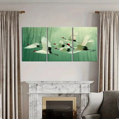 3pcs Elegant White Crane Zen Forest Scene Metal Print Ready to Hang Art