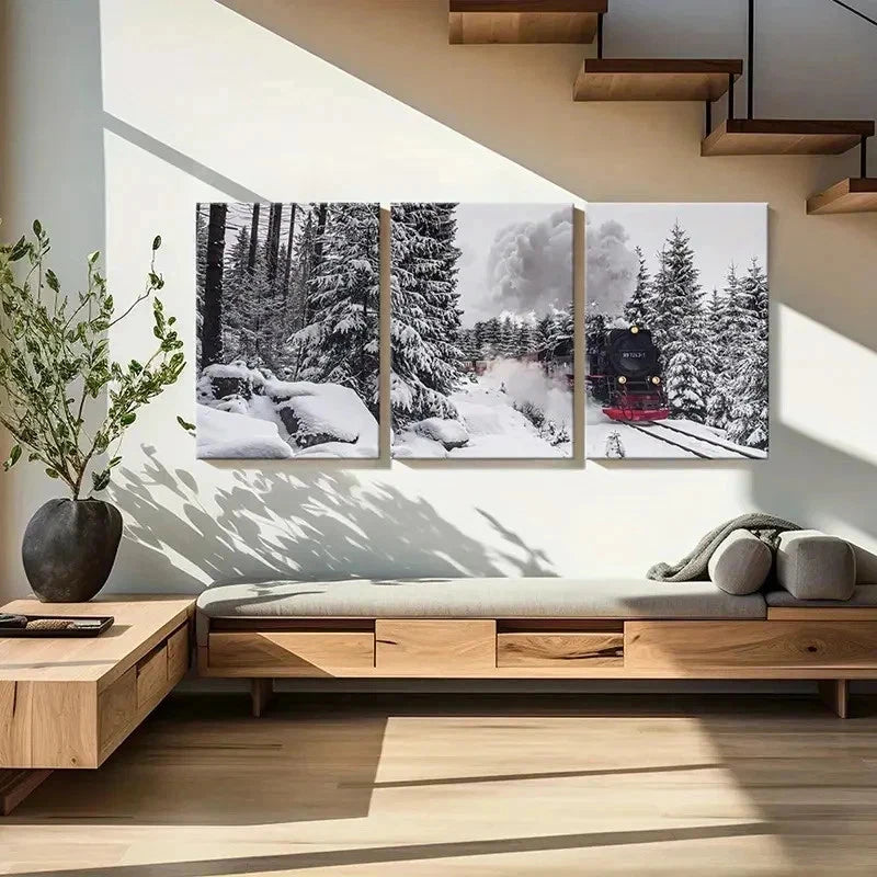 3pcs Forest Railway Snow Scene Steam Train Wall Art Set Canvas Framed 40x60cm - High Quality Print 100% Australian Made Wall Canvas Ready to Hang