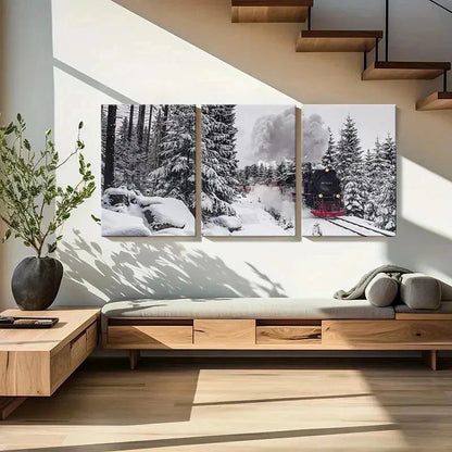 3pcs Forest Railway Snow Scene Steam Train Wall Art Set Canvas Framed 40x60cm - High Quality Print 100% Australian Made Wall Canvas Ready to Hang