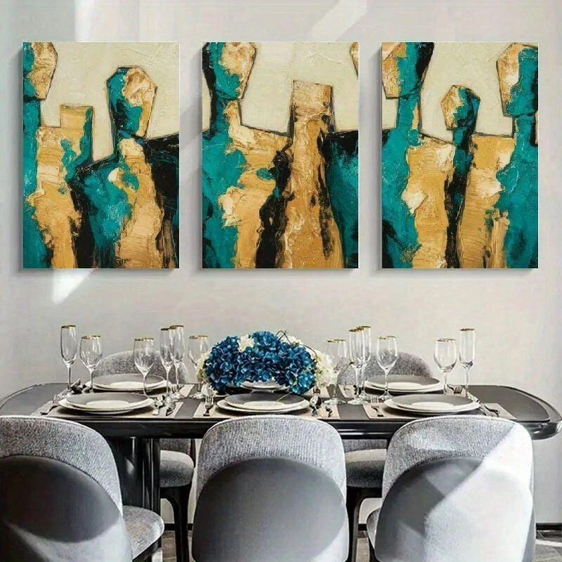 3pcs Modern Abstract Figures Teal & Golden Brown Metal Print Ready to Hang Art