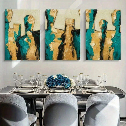 3pcs Modern Abstract Figures Teal & Golden Brown Metal Print Ready to Hang Art