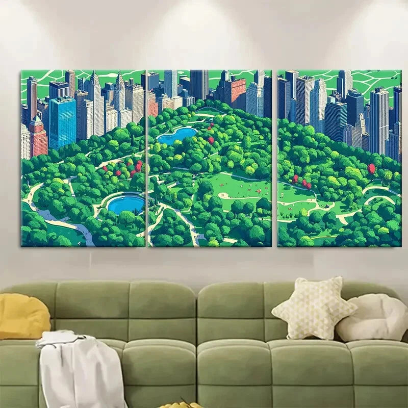 3pcs Cityscape with Lush Greenery and Scenic Metal Print Ready to Hang Art
