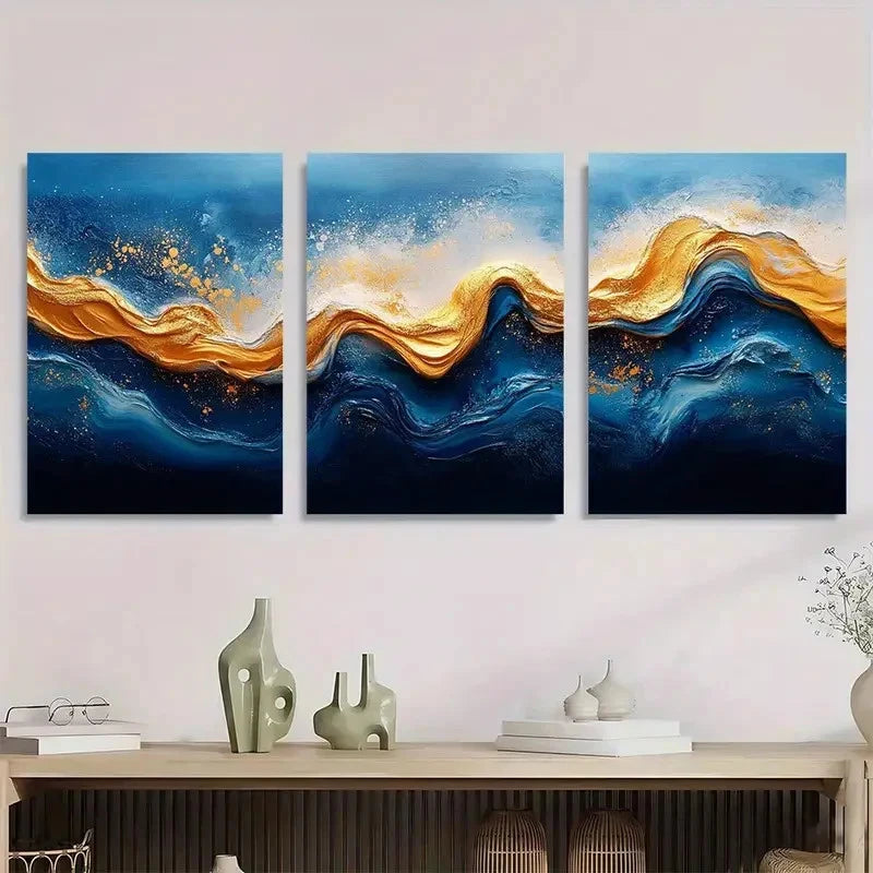 3pcs Abstract Blue & Golden Wave Design Metal Print Ready to Hang Art