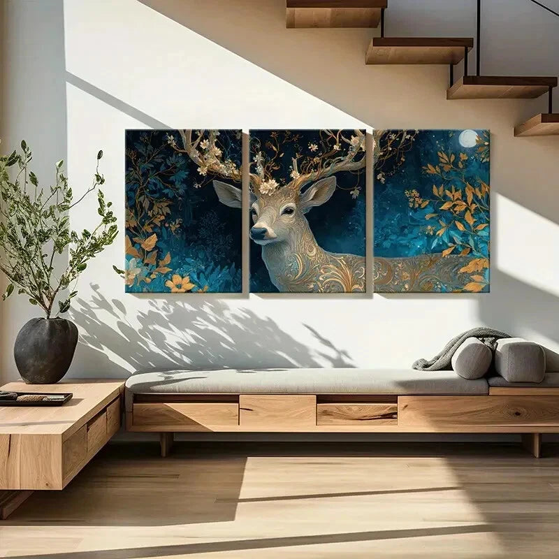 3pcs Enchanted Forest Deer Mystical Art Floral Metal Print Ready to Hang Art