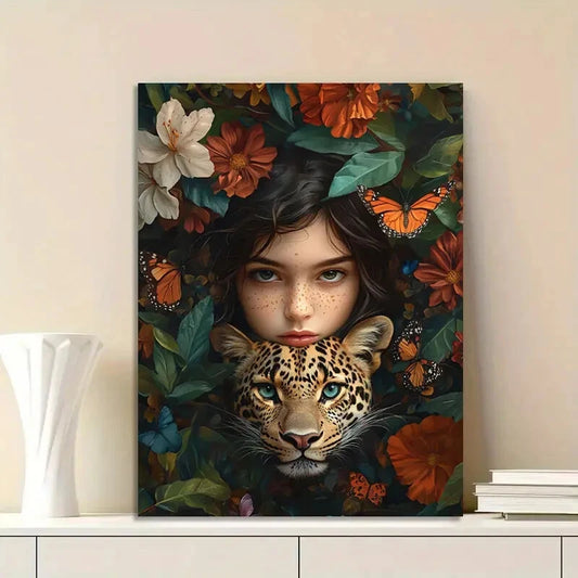 Leopard And a Girl in Love Colorful Flowers Butterflie 40x60cm Metal Print Ready to Hang