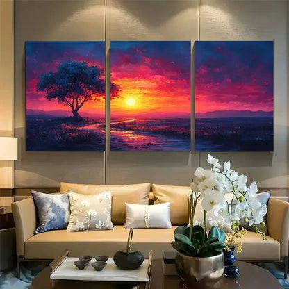 3pcs Vibrant Sunset & Dirt Road Scenes Synthwave Metal Print Ready to Hang Art