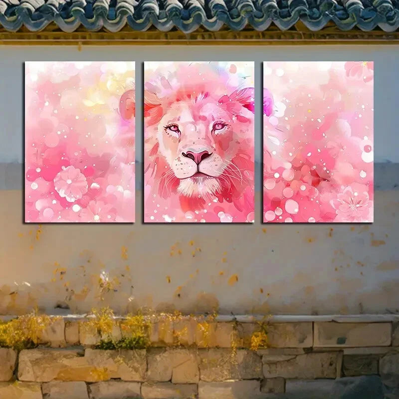 3pcs Vibrant Charming Pink Lion Illustration Metal Print Ready to Hang Art