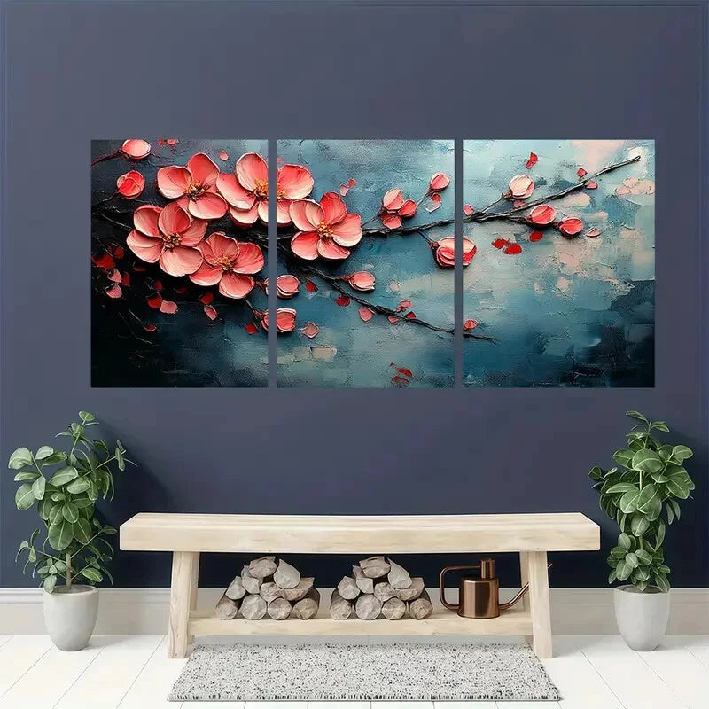 3pcs Pink Floral Oil Painting with Abstract Metal Print Ready to Hang Art