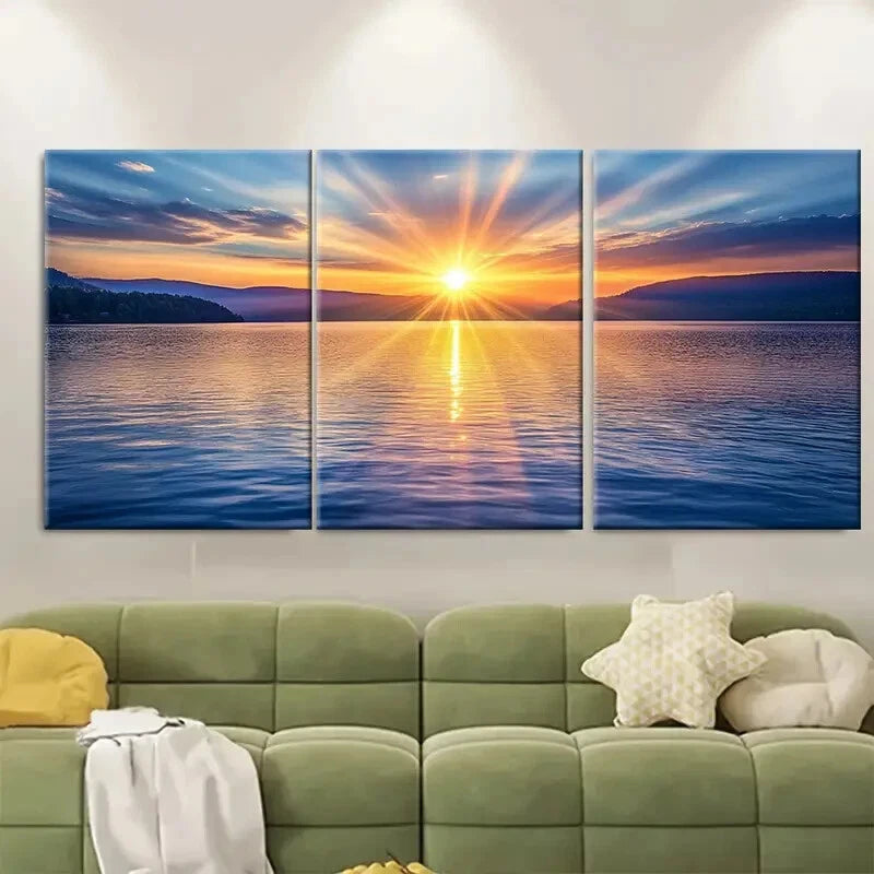 3pcs Scenic Sunset Over Mountain Lake Nature Metal Print Ready to Hang Art