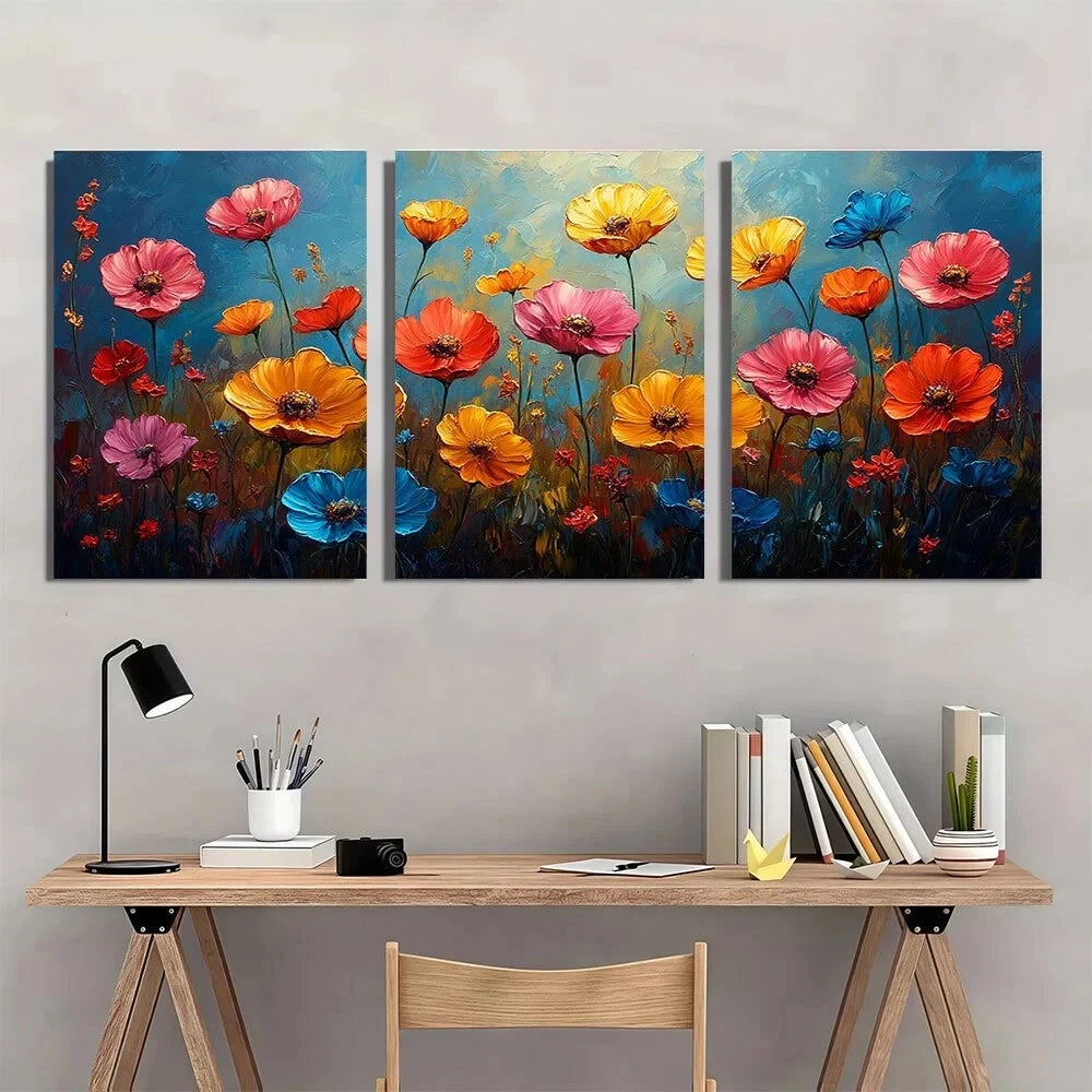3pcs Wild Flowers Botanical Oil Painting Metal Print Ready to Hang Art