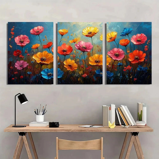 3pcs Wild Flowers Botanical Oil Painting Metal Print Ready to Hang Art