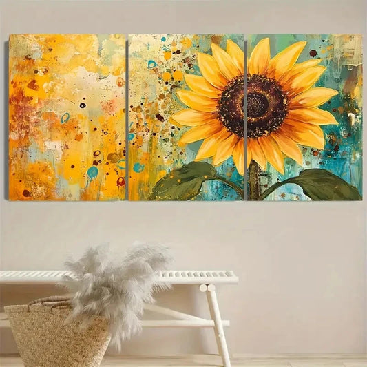3pcs Vibrant Yellow Sunflower & Green Leaves Metal Print Ready to Hang Art