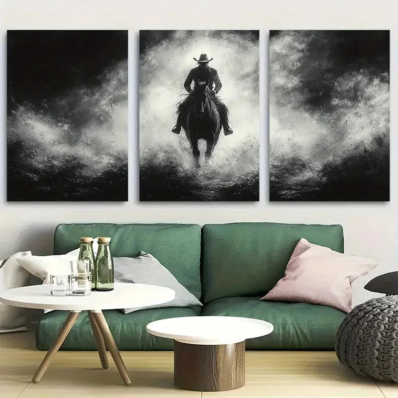 3pcs Mysterious Shadow Cowboy Design Metal Print Ready to Hang Art