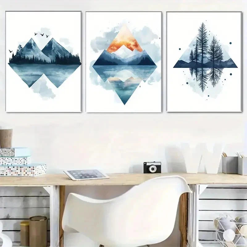 3pcs Geometric Mountain Forest Triptych Metal Print Ready to Hang Art