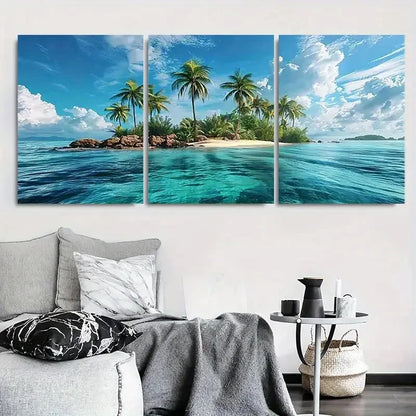 3pcs Tropical Beach Palm Trees and Clear Ocean Metal Print Ready to Hang Art