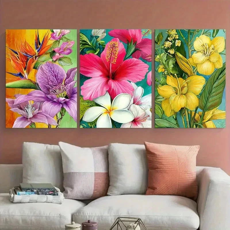 3pcs Colorful Florals with Leaves Illustration Wall Art Set Canvas Framed 40x60cm - High Quality Print 100% Australian Made Wall Canvas Ready to Hang