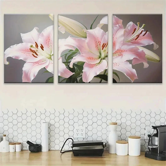 3pcs Elegant Pink Lily Botanical Metal Print Ready to Hang Art