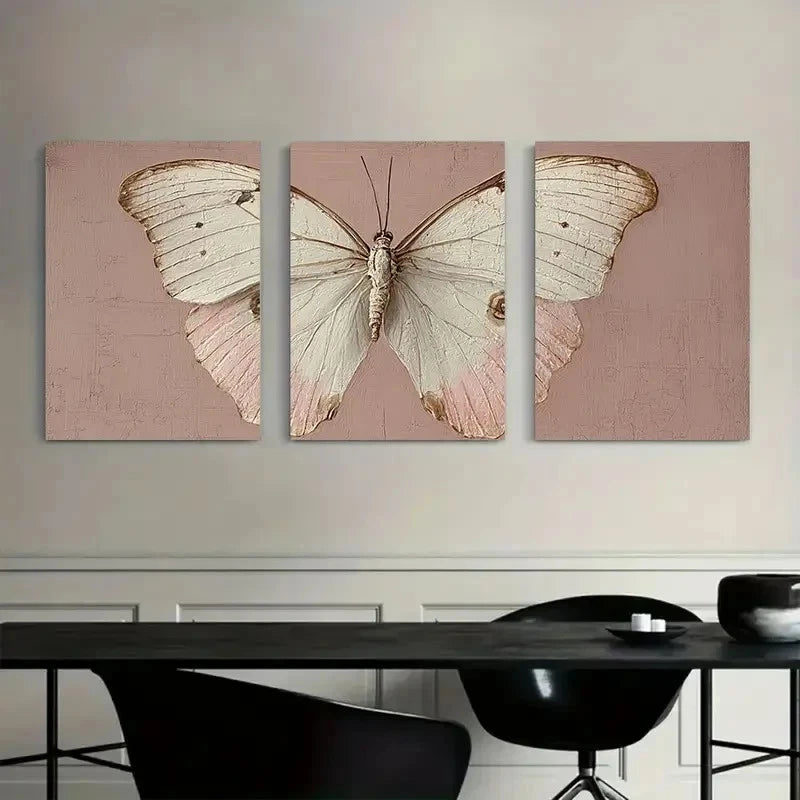 3pcs White Butterfly with Pale Pink Wings Metal Print Ready to Hang Art