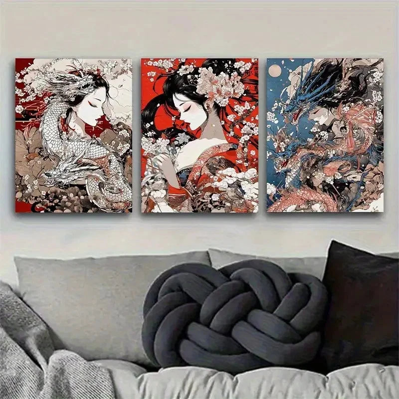 3pcs Japanese Art Floral and Dragon Theme Metal Print Ready to Hang Art