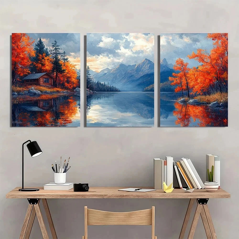3pcs Autumn Lake House and Mountain Reflections Metal Print Ready to Hang Art