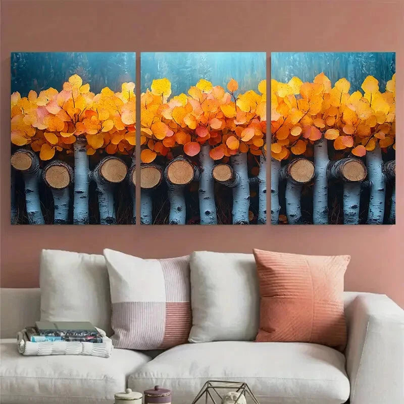 3pcs Vibrant Golden Yellow Leaves Aspen Trees Metal Print Ready to Hang Art